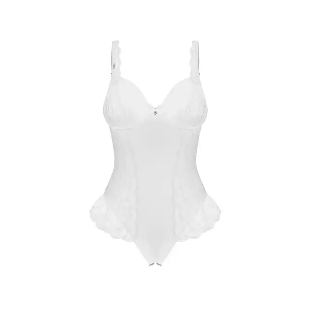 Obsessive – Weddya Crotchless Teddy White L/XL. Urocze i romantyczne,  pikantne białe otwarte body ślubne prześwitujące z koronką