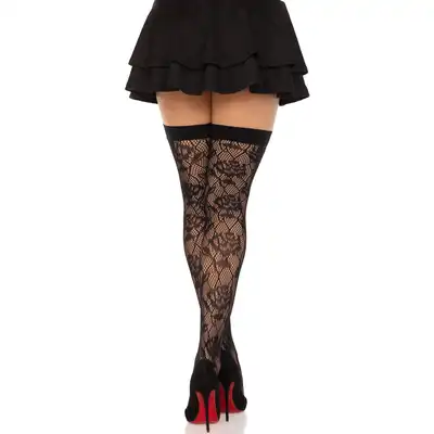 Leg Avenue - Wild Rose Net Thigh Highs - Kuszące samonośne pończochy z motywem róż. Romantyczny kwiatowy wzór i klasyczna kabaretka w wyjątkowo kobiecym wydaniu.