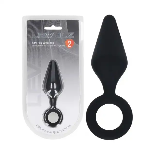 Levelz – Anal Plug With Loop Medium. Wygodny silikonowy czarny korek analny z uchwytem w formie pętli