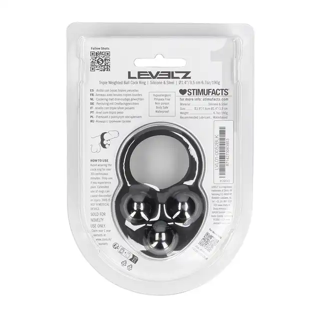 Levelz -  Liquid Silicone Triple Weighted Ball Cock Ring. Silikonowy ring na penisa w kolorze czarnym z 3 obciążnikami 