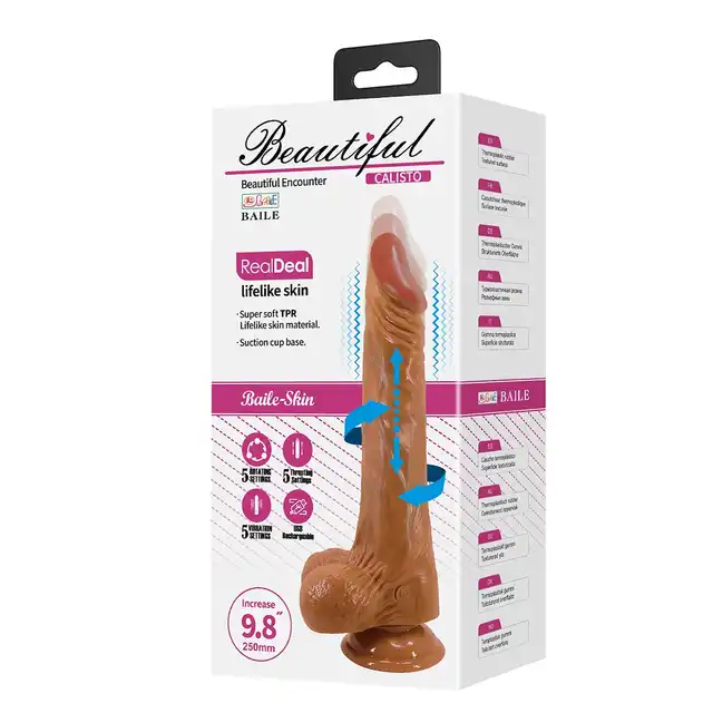 Beautiful - Calisto 9,8" Rotating &amp; Thrusting  Dildo - Realistyczny wibrator-dildo z przyssawką z ruchem posuwistym i rotacyjnym. 25 cm przyjemności.