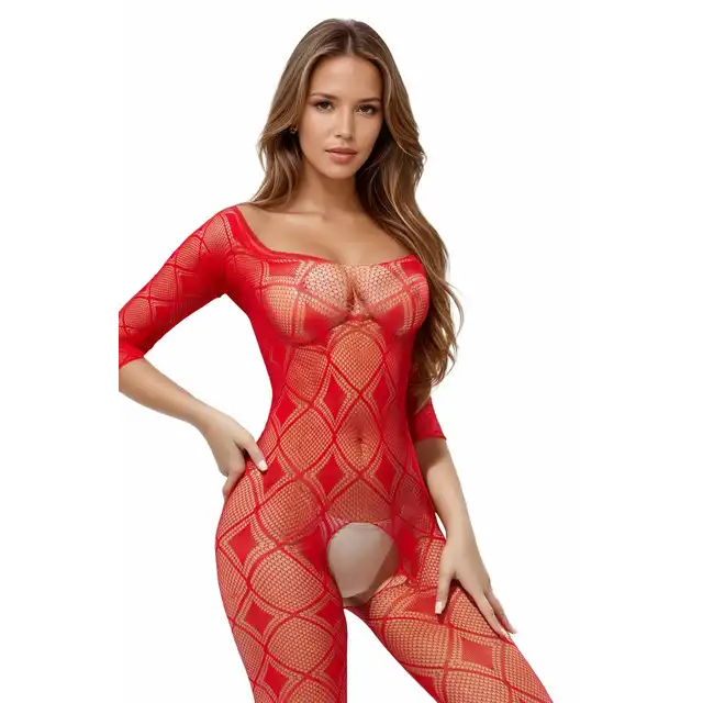 Softline - Bodystocking 2037. Czerwona zmysłowa siateczka z otwartym krokiem. Idealnie opina i podkreśla kształty. 