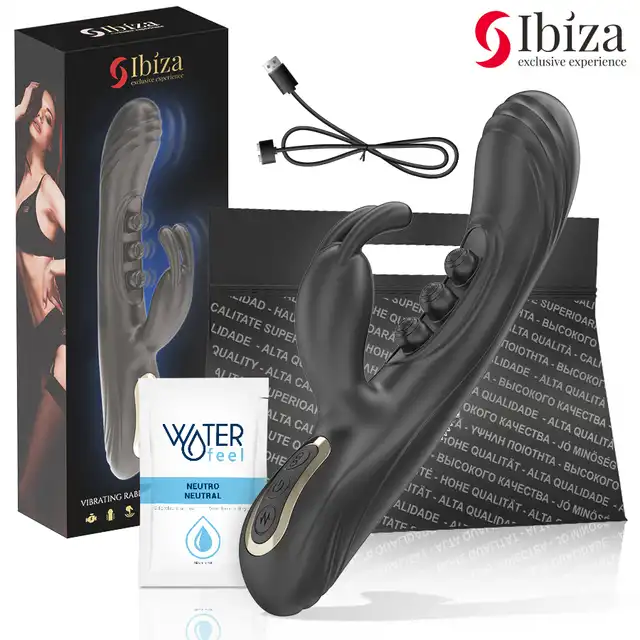 Ibiza – Vibrating Rabbit with Pulsation. Mega czarny wibrator z 3 stukającymi kuleczkami oraz mocnym masażerem łechtaczki