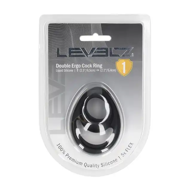 Levelz -  Double Ergo Silicone Cock Ring. Podwójny czarny silikonowy ring na penisa i jądra 