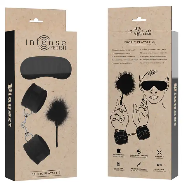 Intense - Fetish Erotic Playset 2. Podstawowy zestaw BDSM maska, kajdanki i kuszące piórko. 