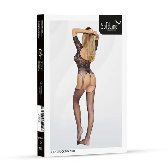 Softline - Bodystocking 2081 O/S Black - Bodystocking z kwiatowym motywem i zmysłowymi wycięciami.