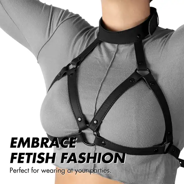 Fetish Submissive -  Regulowana uprząż na klatkę piersiową i szyję z wegańskiej skóry. 