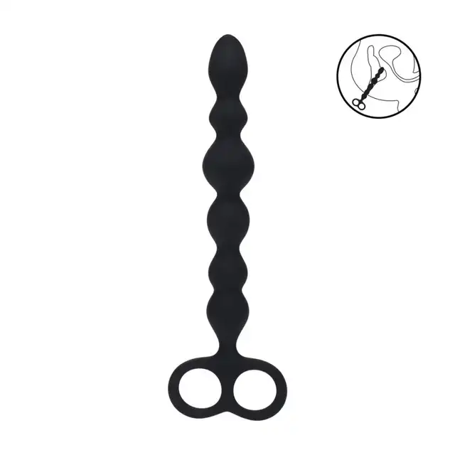 Levelz – Beaded Silicone Anal Probe with Double Loop. Długie czarne koraliki analne z wygodną rączką