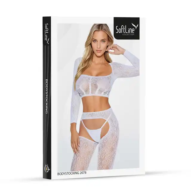 Softline - Bodystocking 2078. Biała bielizna erotyczna z wycięciami i efektem pończoch.