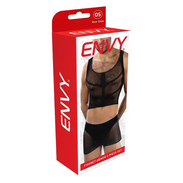 Envy Menswear - Fishnet Armor 2 Piece Set Black, OS - 2-częściowy zestaw z siateczki - crop top i szorty podkreślające sylwetkę. Rozmiar uniwersalny.