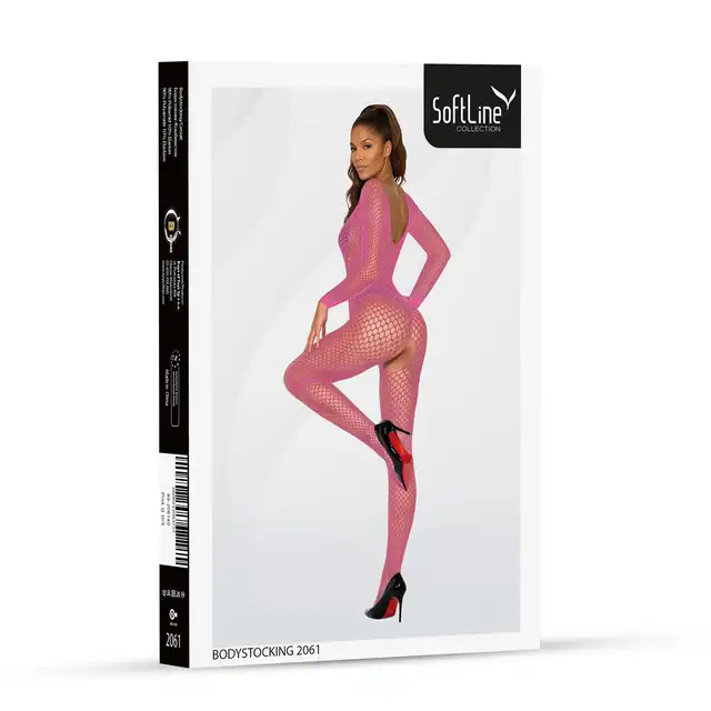 Softline - Bodystocking 2061 O/S Pink - Różowy bodystocking z siateczki i z otwartym krokiem. Rozmiar uniwersalny.