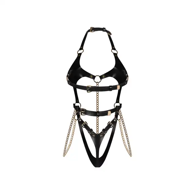Obsessive - Anyya Black Teddy S/M/L - Zmysłowe, imitujące skórę body o nowoczesnym, wyjątkowo odważnym kroju ze złotymi wstawkami. Tylko dla odważnych!