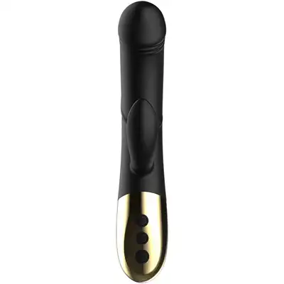 Ibiza - Powerful Anatomical Vibrator with Rabbit. Elegancki czarno-złoty wibrator z króliczkiem z dwoma niezależnymi silnikami