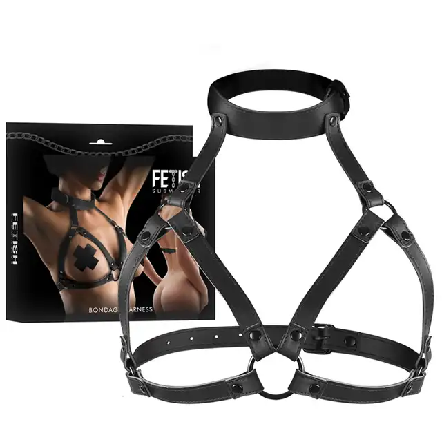 Fetish Submissive -  Regulowana uprząż na klatkę piersiową i szyję z wegańskiej skóry. 