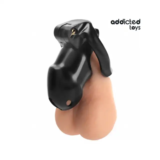 Addicted Toys - Midnight Cell Penis Cage M - Pas cnoty dla mężczyzn z czterema wymiennymi pierścieniami oraz wewnętrznym zamkiem z kluczami.