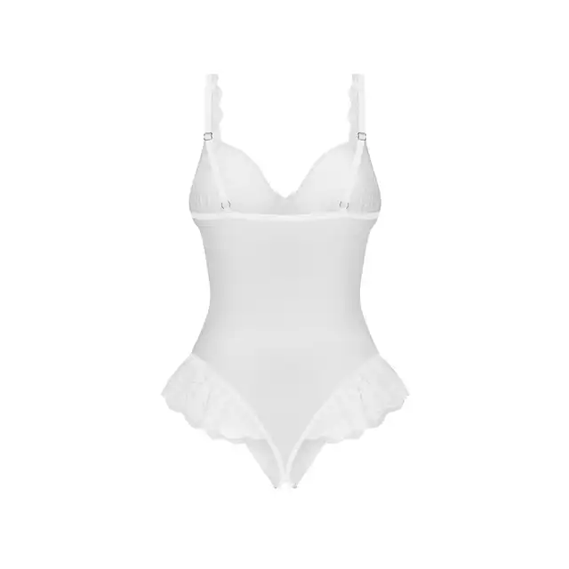 Obsessive – Weddya Crotchless Teddy White L/XL. Urocze i romantyczne,  pikantne białe otwarte body ślubne prześwitujące z koronką
