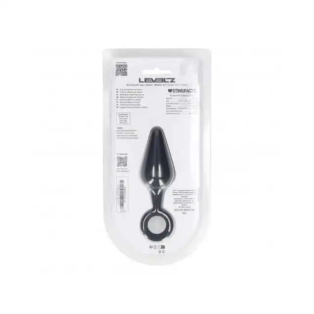 Levelz – Anal Plug With Loop Medium. Wygodny silikonowy czarny korek analny z uchwytem w formie pętli