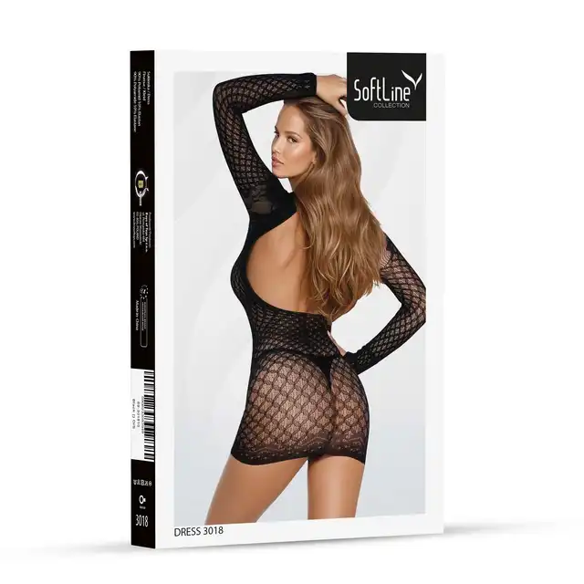 Softline - Bodystocking dress 3018. Seksowna czarna sukienka z koronką i odkrytymi plecami