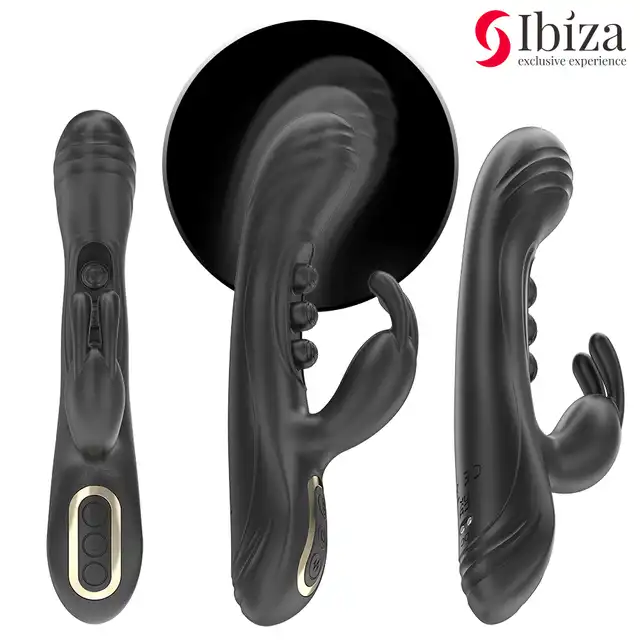 Ibiza – Vibrating Rabbit with Pulsation. Mega czarny wibrator z 3 stukającymi kuleczkami oraz mocnym masażerem łechtaczki