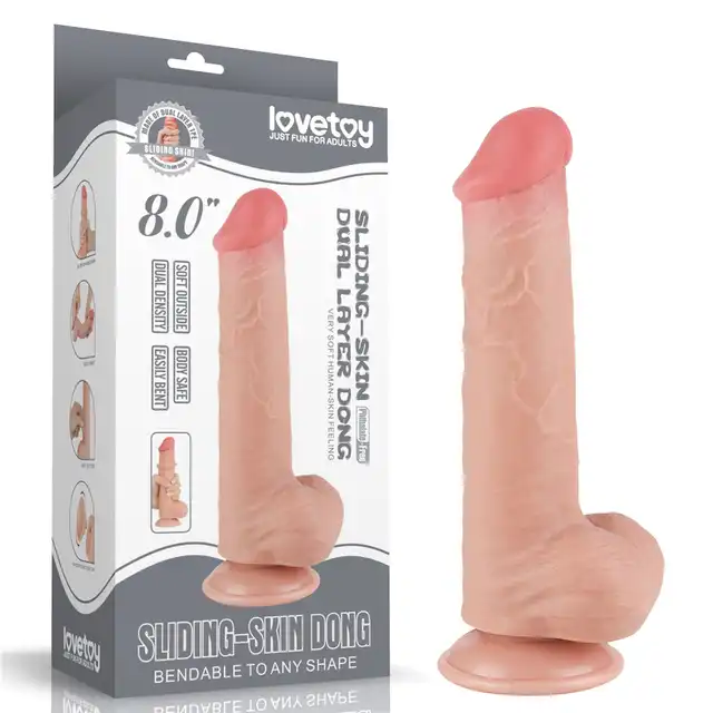 LoveToy - Sliding Skin Dual Layer Dong 8" - Zaawansowane dildo z ruchomą skórką i z odkręcaną przyssawką. Ponad 20 cm realistycznych doznań.