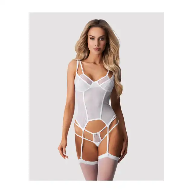 Obsessive - Arrowel White Corset S/M - Biały gorset z transparentnego materiału. Ultraseksowna bielizna na noc poślubną i nie tylko!