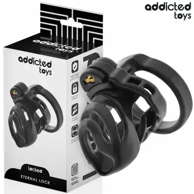 Addicted Toys - Eternal Lock Penis Cage 9 cm - Pas cnoty dla mężczyzn z podstawą do stymulacji cewki moczowej. Wymienne pierścienie i klucze w zestawie.