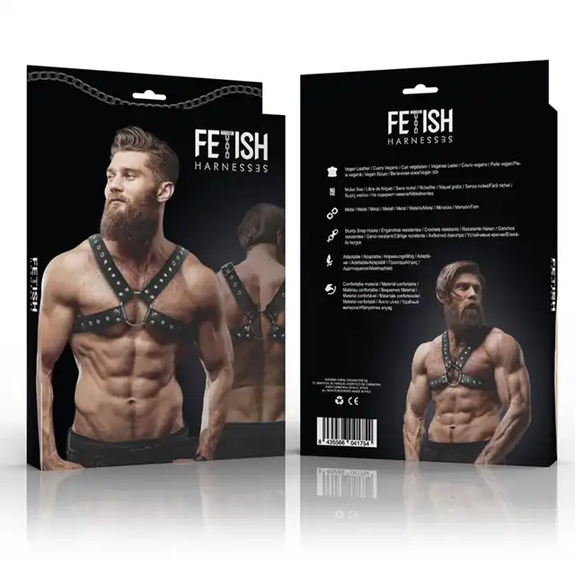 FETISH Submissive Attitude – Harness. Męska regulowana uprząż na klatkę piersiową z centrum i ćwiekami. 