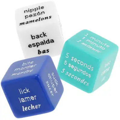 Waterfeel – 3 Erotic Dices. Zestaw 3 kości do gry z czynnościami, miejscem oraz częściami ciała. 