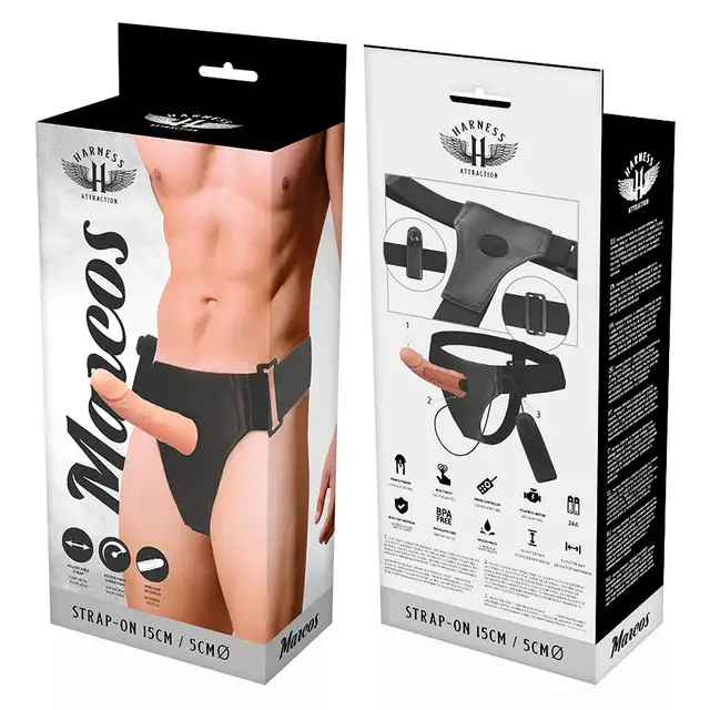 Harness Attraction - Marcos. Męski strapon z wibracjami, przedłużka z uprzężą 15 cm 