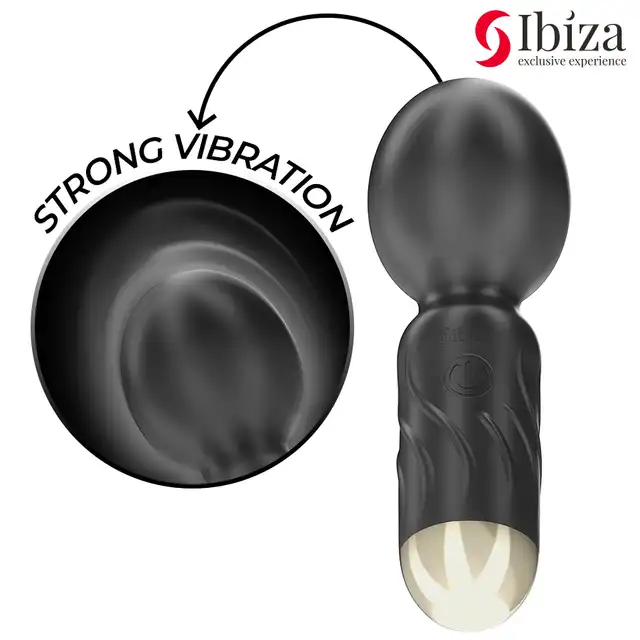 Ibiza-  Pocket Wand Vibrator. Mini czarno-złoty mocny wibrator typu różdżka z elastyczną różdżką 