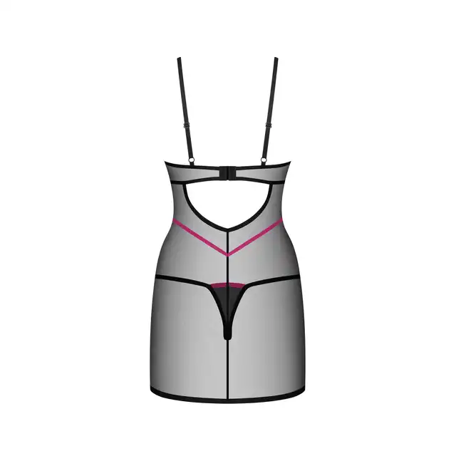 Obsessive - Novenes Chemise XS/S - Przezroczysta koszulka z ozdobnymi, różowymi paskami. Stringi w zestawie.