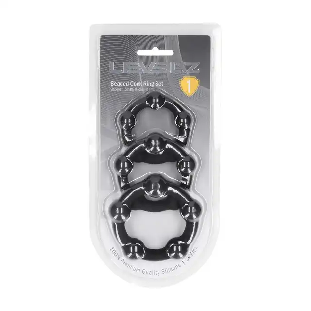 Levelz - Beaded Silicone Cock Ring Set of 3. Zestaw trzech ringów erekcyjnych w teksturowanymi kuleczkami