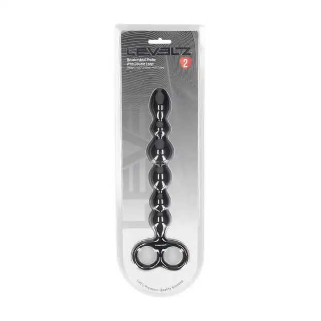 Levelz – Beaded Silicone Anal Probe with Double Loop. Długie czarne koraliki analne z wygodną rączką