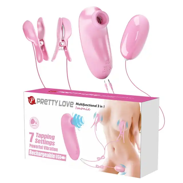 Pretty Love - Imonie Multifunctional 3 in 1 - Uroczy zestaw 3 w 1: klamerki na sutki, stymulator łechtaczki i jajeczko wibrujące. 