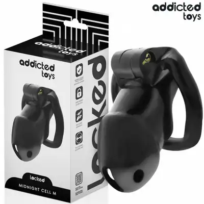 Addicted Toys - Midnight Cell Penis Cage M - Pas cnoty dla mężczyzn z czterema wymiennymi pierścieniami oraz wewnętrznym zamkiem z kluczami.