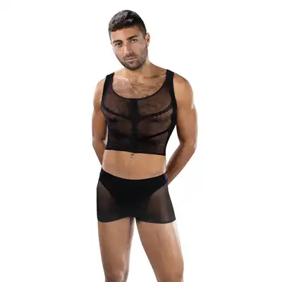 Envy Menswear - Fishnet Armor 2 Piece Set Black, OS - 2-częściowy zestaw z siateczki - crop top i szorty podkreślające sylwetkę. Rozmiar uniwersalny.