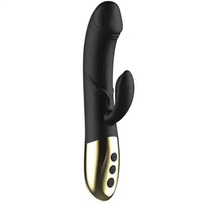 Ibiza - Powerful Anatomical Vibrator with Rabbit. Elegancki czarno-złoty wibrator z króliczkiem z dwoma niezależnymi silnikami