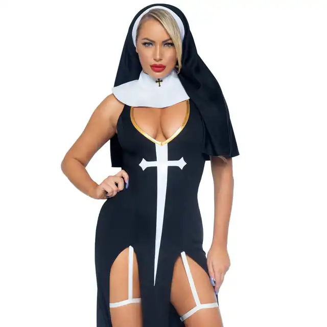 Leg Avenue - Sultry Sinner Dress S - Seksowny kostium inspirowany zakonnicą w rozmiarze S. Mega odważna odsłona.