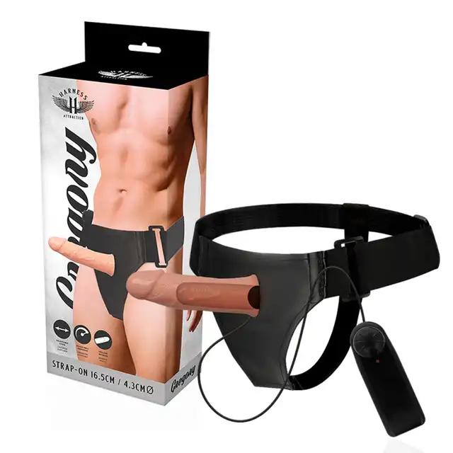 Harness Attraction - Gregory. Męski strapon z wibracjami, przedłużka z uprzężą 16,cm 