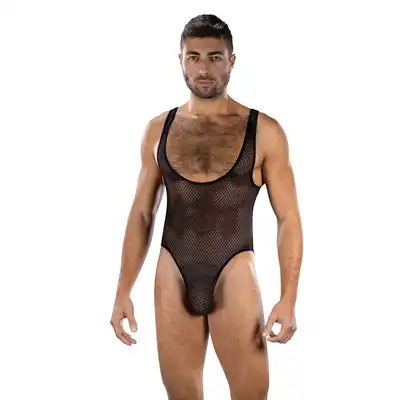 Envy Menswear - Fierce Deep V Mesh Bodysuit Black, OS - Męskie body z siateczki dla pewnych siebie mężczyzn. One Size.