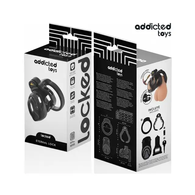 Addicted Toys - Eternal Lock Penis Cage 9 cm - Pas cnoty dla mężczyzn z podstawą do stymulacji cewki moczowej. Wymienne pierścienie i klucze w zestawie.