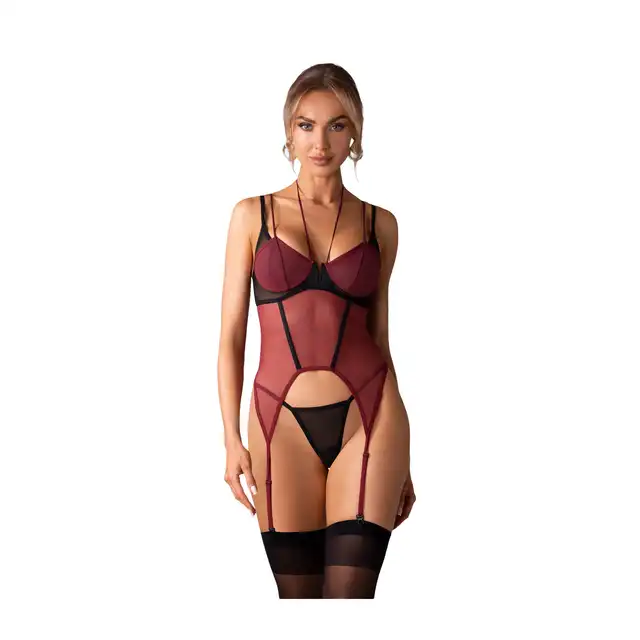 Obsessive - Parisel Corset L/XL - Wyjątkowy czarno-bordowy gorset o dopasowanym fasonie. Model z fiszbinami.
