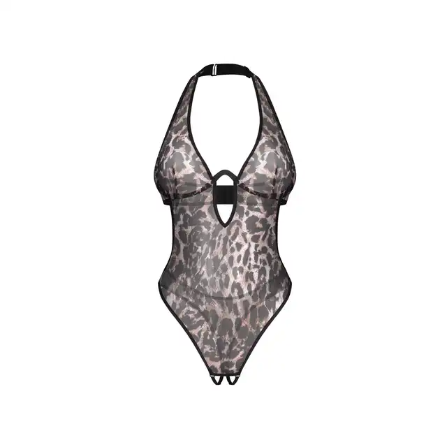 Obsessive - Addia Crotchless Teddy S/M - Otwarte body usztywniane fiszbinami w ultraseksowny wzór w panterkę.