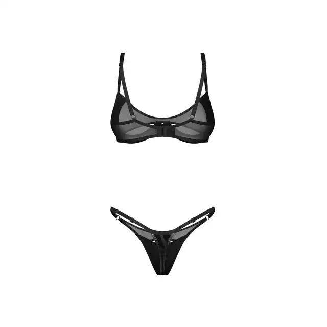 Obsessive - Rolleya 2-Pcs Set L/XL - 2-częściowy komplet z imitacją latexu i prześwitującymi elementami. Konstrukcja z fiszbinami efektywnie podkreślająca biust.