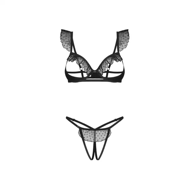 Obsessive - Carrola 2-Pcs Crotchless Set L/XL - 2-częściowy otwarty komplet z uroczymi falbankami w kropki.