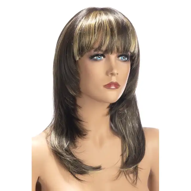 World Wigs - Kate ciemno brązowa peruka z pasekami. Długie proste włosy z grzywką. 