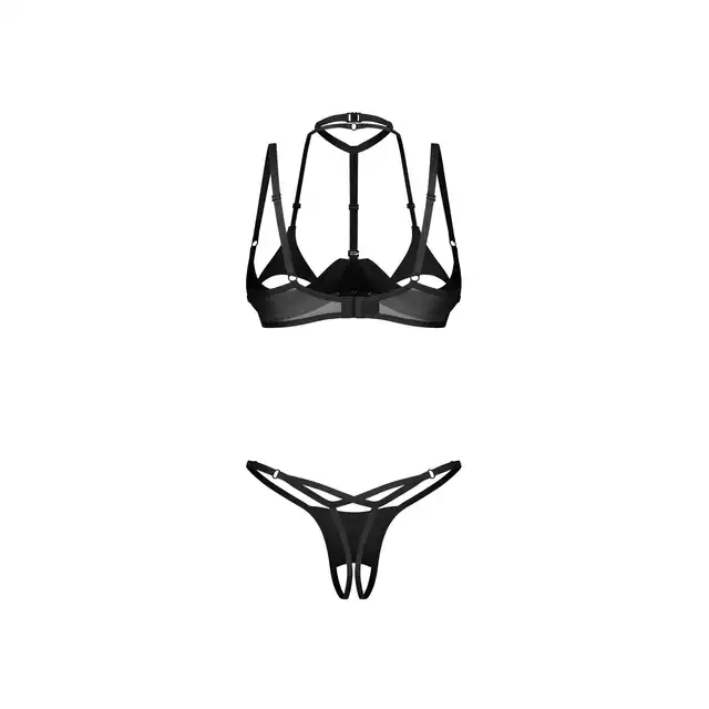 Obsessive - Rolleya 2-Pcs Crotchless Set L/XL - 2-częściowy komplet o niesamowicie oryginalnym i otwartym kroju. Siateczka i imitacja latexu w jednym.