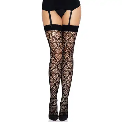 Leg Avenue - Heart Net Thigh Highs. Czarne pończochy z uroczym motywem serduszek. 