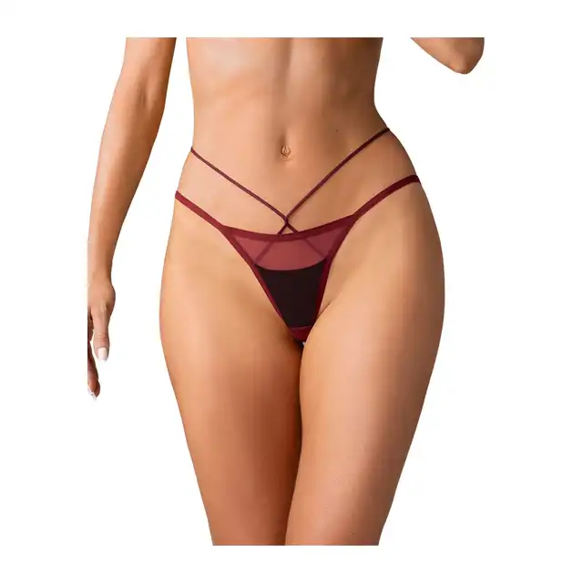 Obsessive - Parisel Mini Panties L/XL - Figi podkreślające atuty. Głęboki burgund, transparentny mesh i paseczki, które efektownie podkreślają biodra.