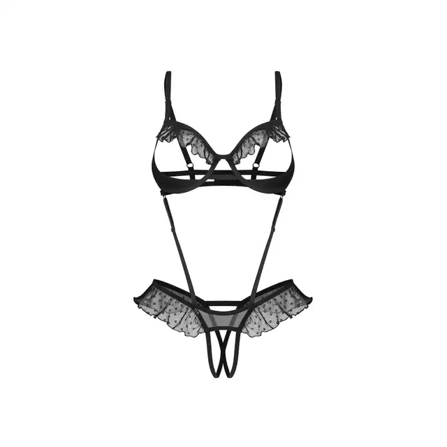 Obsessive - Carrola Crotchless Teddy L/XL - Seksowne otwarte body z uroczymi falbankami. Niesamowicie podkreśla figurę!